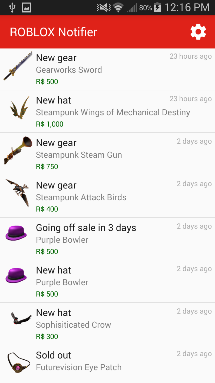 Screenshot of an Android app I built to alert users when avatar items changed in availability