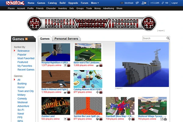 Roblox games page circa 2012