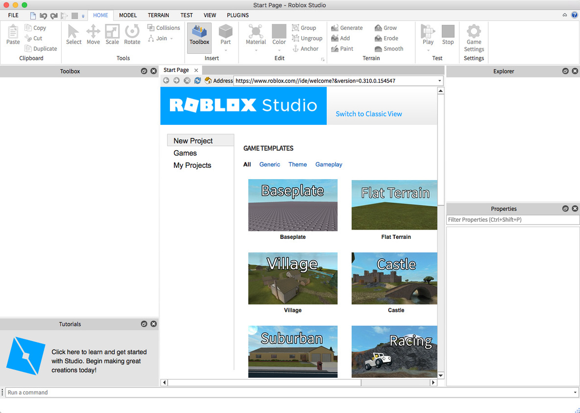 Studio Start Screen before - note the embedded web page scrunched by unecessary widgets